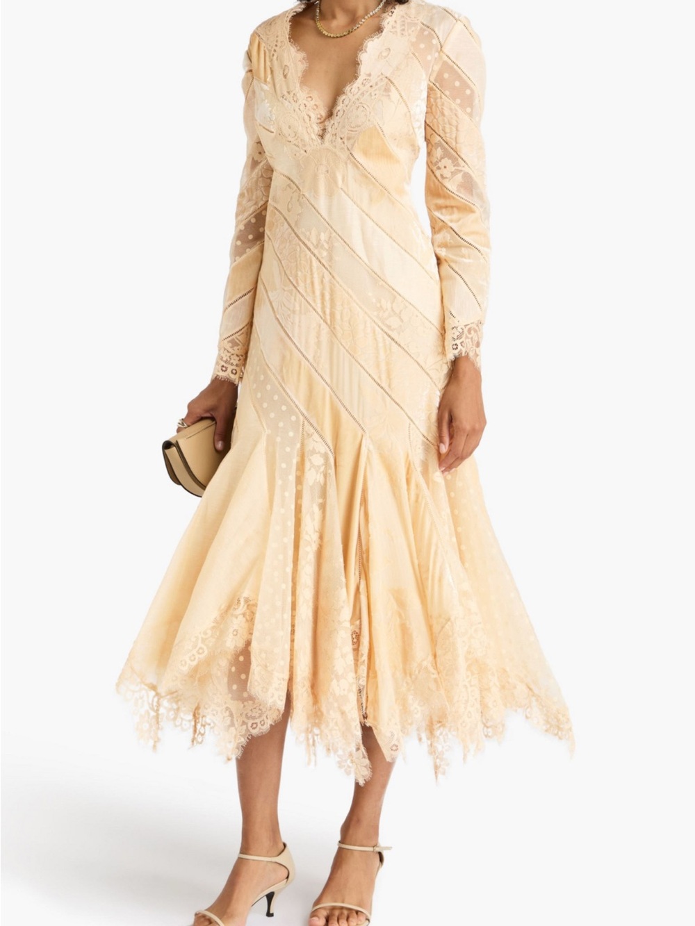 ZIMMERMANN Sheer Lace V-Neck Midi Dress in Champagne